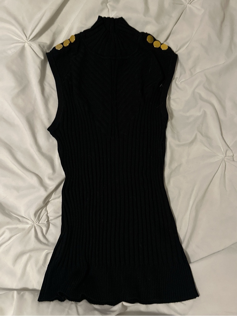 Rafiana Sleeveless Black Ribbed Mock Neck Top with Gold Buttons